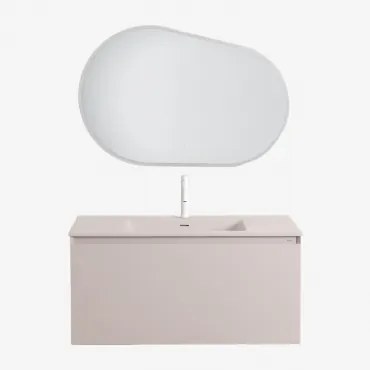 Conjunto De Móvel De Casa De Banho Suspenso Em Madeira Com Lavatório Integrado Macrae Crema Linho & Oval Led E Anti-embaciamento 100x80 Cm Riben & Bra