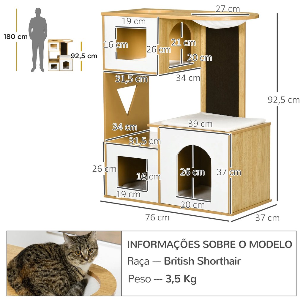 PawHut Casa para Gatos Altura 92,5cm Torre para Gatos com 3 Casas de M