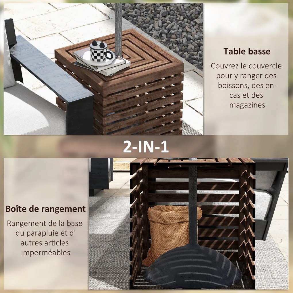 Caixa de arrumação exterior 2 em 1 para base de guarda-sol 50 x 50 x 50 cm, mesa auxiliar de terraço com orifício para guarda-sol em madeira castanho