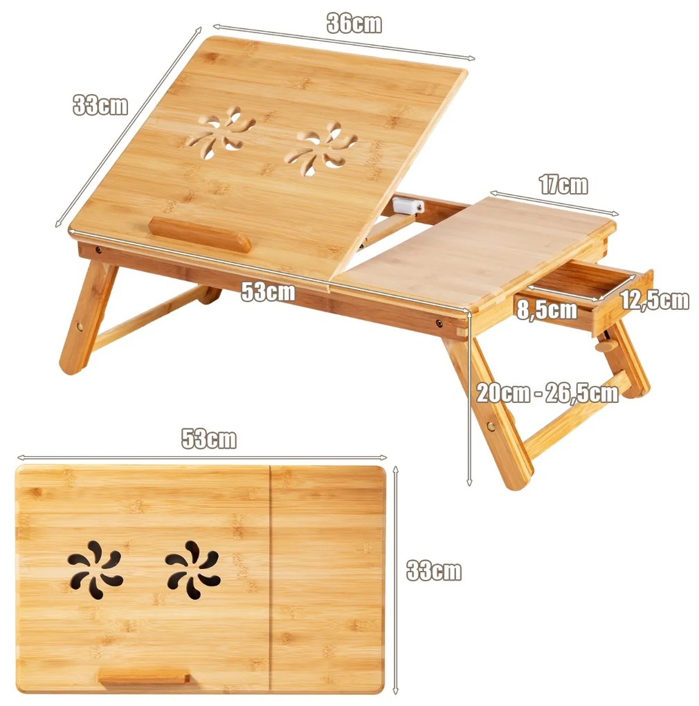 Mesa bandeja de bambu portátil com pernas ajustáveis dobrável para computador 53 x 33 x 20-26,5 cm natural
