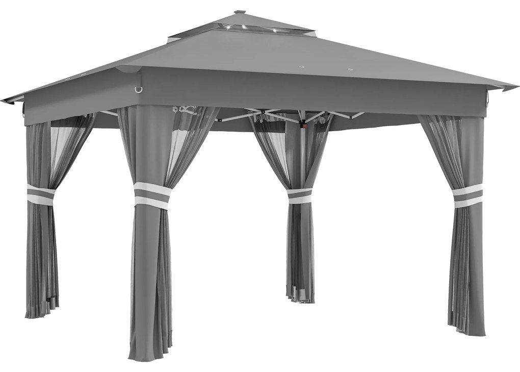 Outsunny Tenda Dobrável 336x336 cm com Teto Duplo 4 Paredes Laterais 20 Luzes LED Solares e Altura Ajustável Cinza