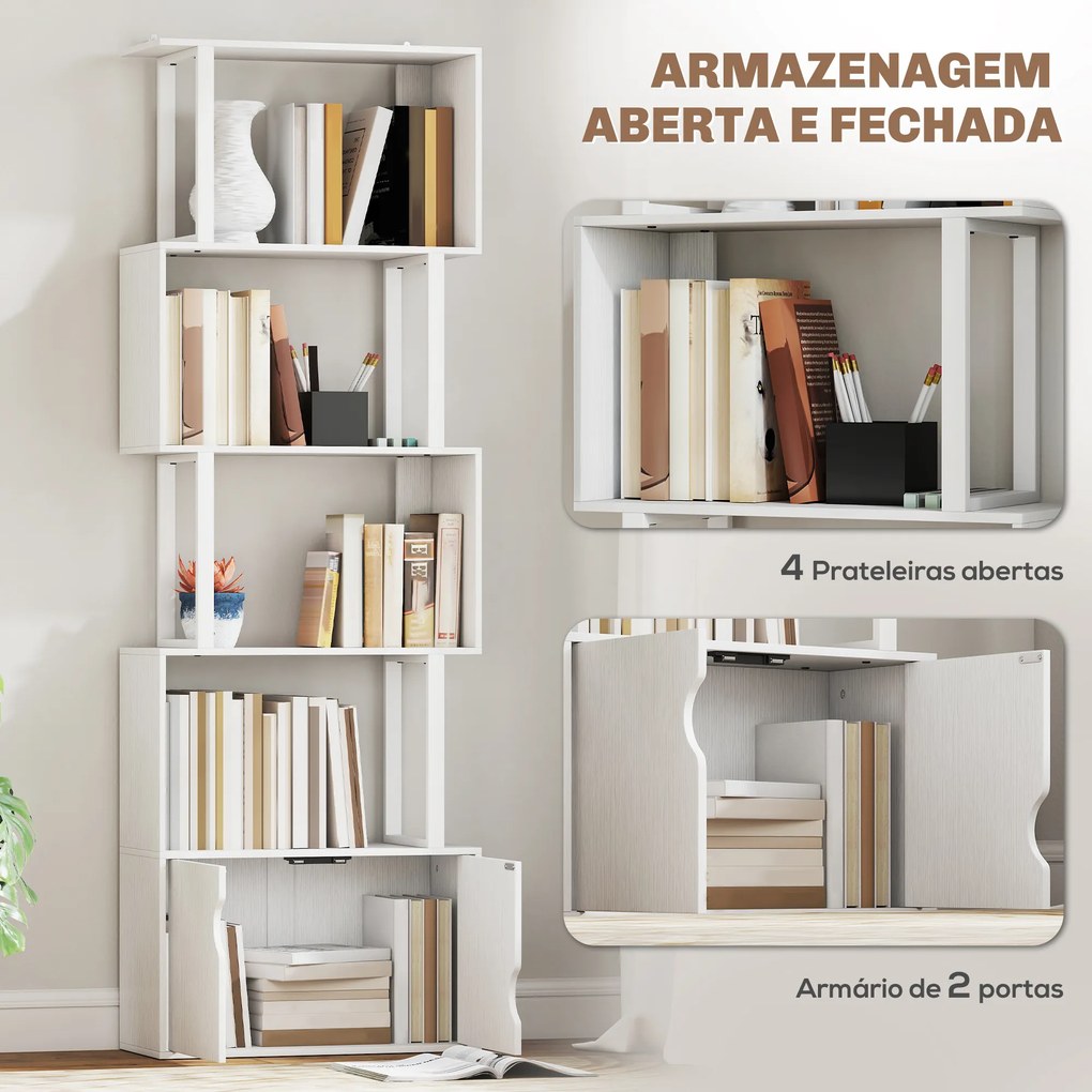 Estante de 5 Níveis em Forma de S Estante de Livros com 5 Prateleiras e 2 Portas 60x23,8x179,2 cm Branco
