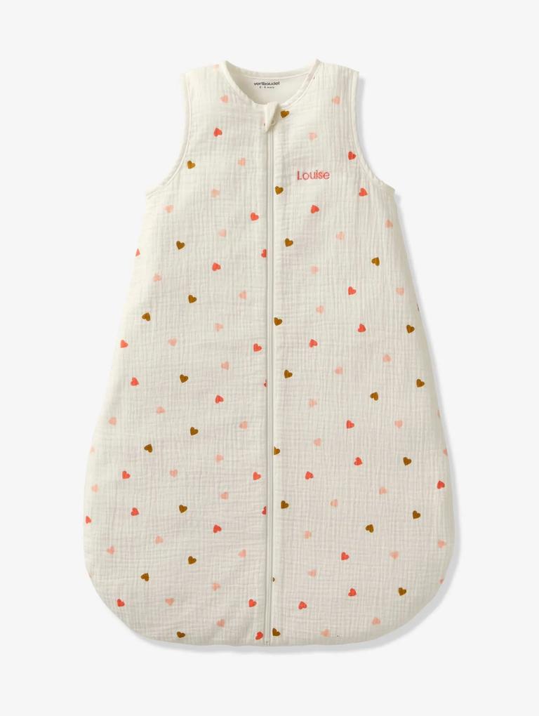 Saco de bebé especial verão, em gaze de algodão com abertura ao centro, Pequenos Corações branco claro estampado