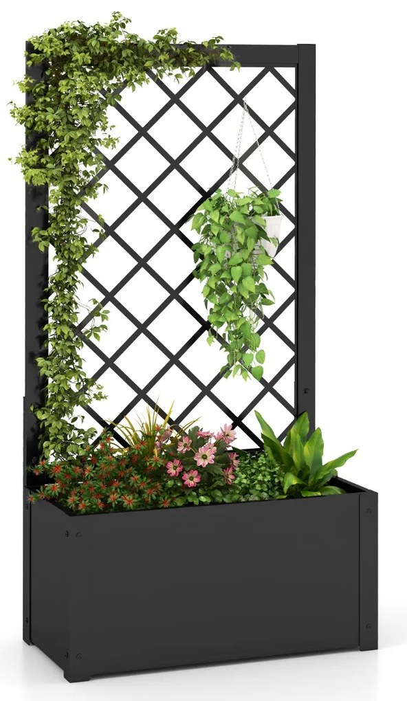 Floreira de jardim elevada com treliça Jardineira de metal 63 x 31 x 112 cm para plantas trepadeiras, vegetais e flores preta