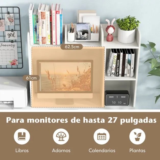 Prateleira de madeira para secretária com 4 prateleiras e organizador de secretária com compartimento aberto 94 x 25 x 74 cm Branco