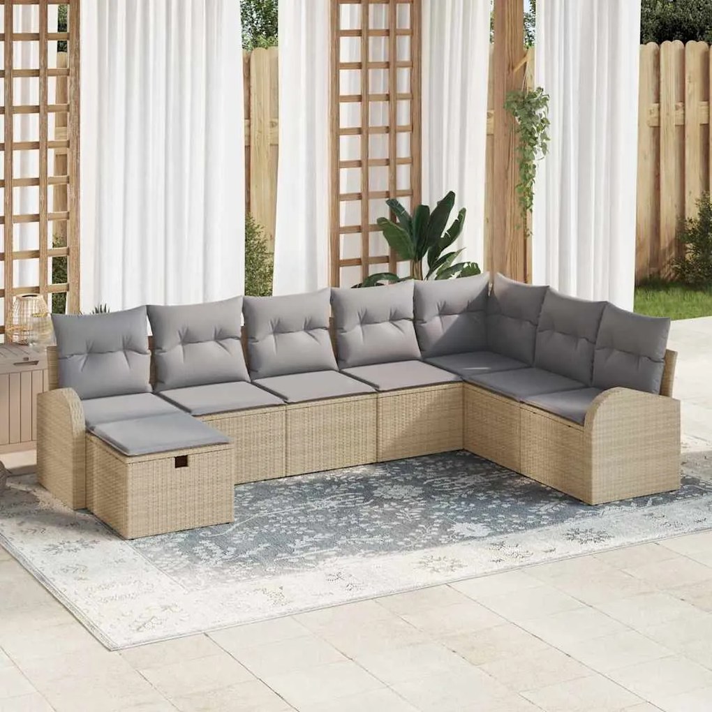 Conjunto de Sofá de Jardim de 8 Peças com Almofadas Bege Rattan Polipr