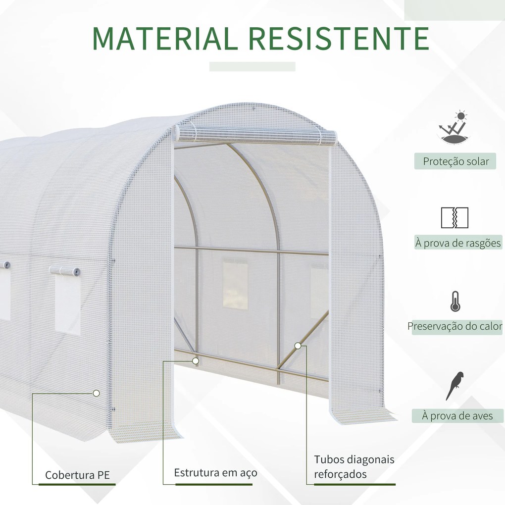 Estufa Tipo Túnel 350x200x200 cm com Portas Enroláveis e 6 Janelas Cobertura de PE Estrutura de Metal Branco