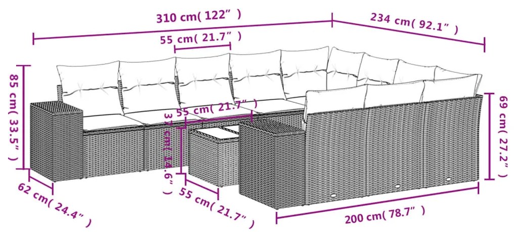 11 pcs conjunto sofás de jardim c/ almofadões vime PE castanho