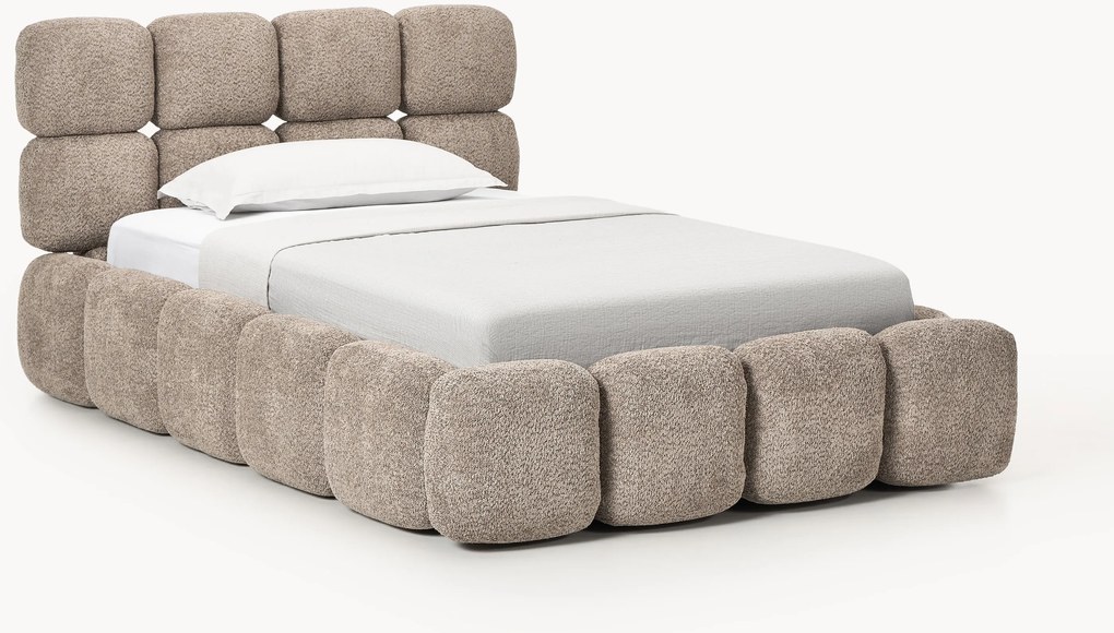 Cama de solteiro estofada em teddy-bouclé com arrumação Tayla