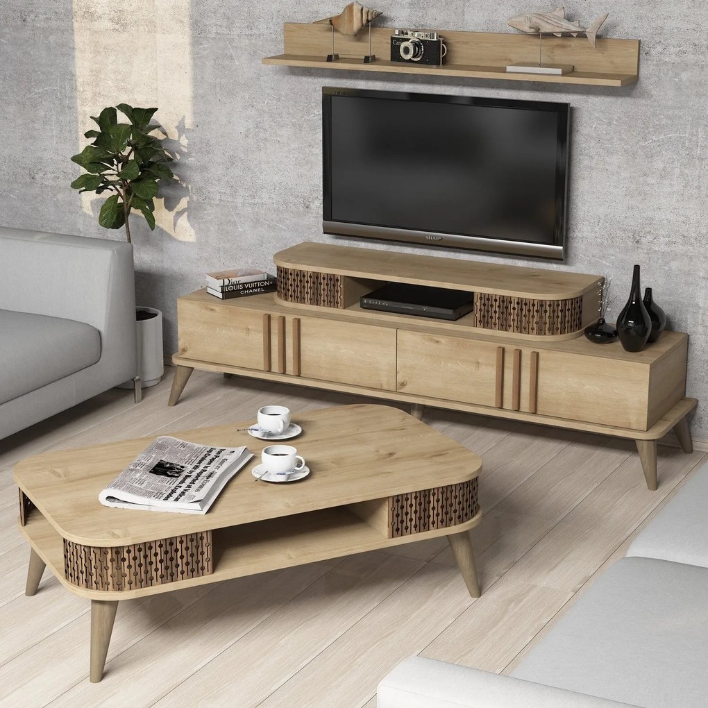 Conjunto de Mobiliário de Sala de Estar Eylül – Carvalho – Medidas Var