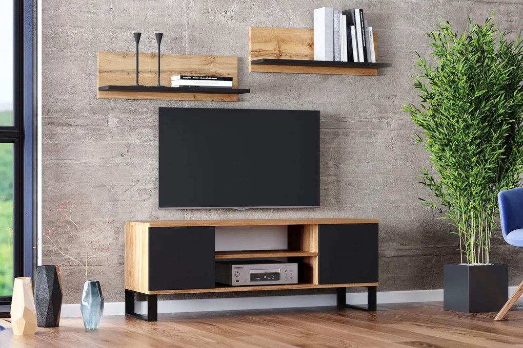 Móvel TV Focus 155 x 40 x 49 cm pés em metal - cor carvalho/ preto
