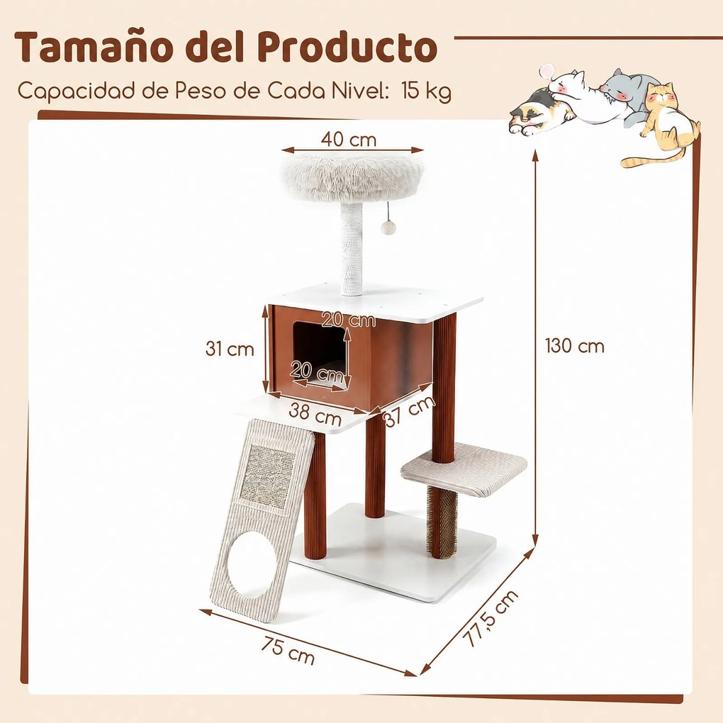Arranhador para Gatos com Casinha, 77,5 x 29,5 x 51 cm, 4 Níveis, Castanho