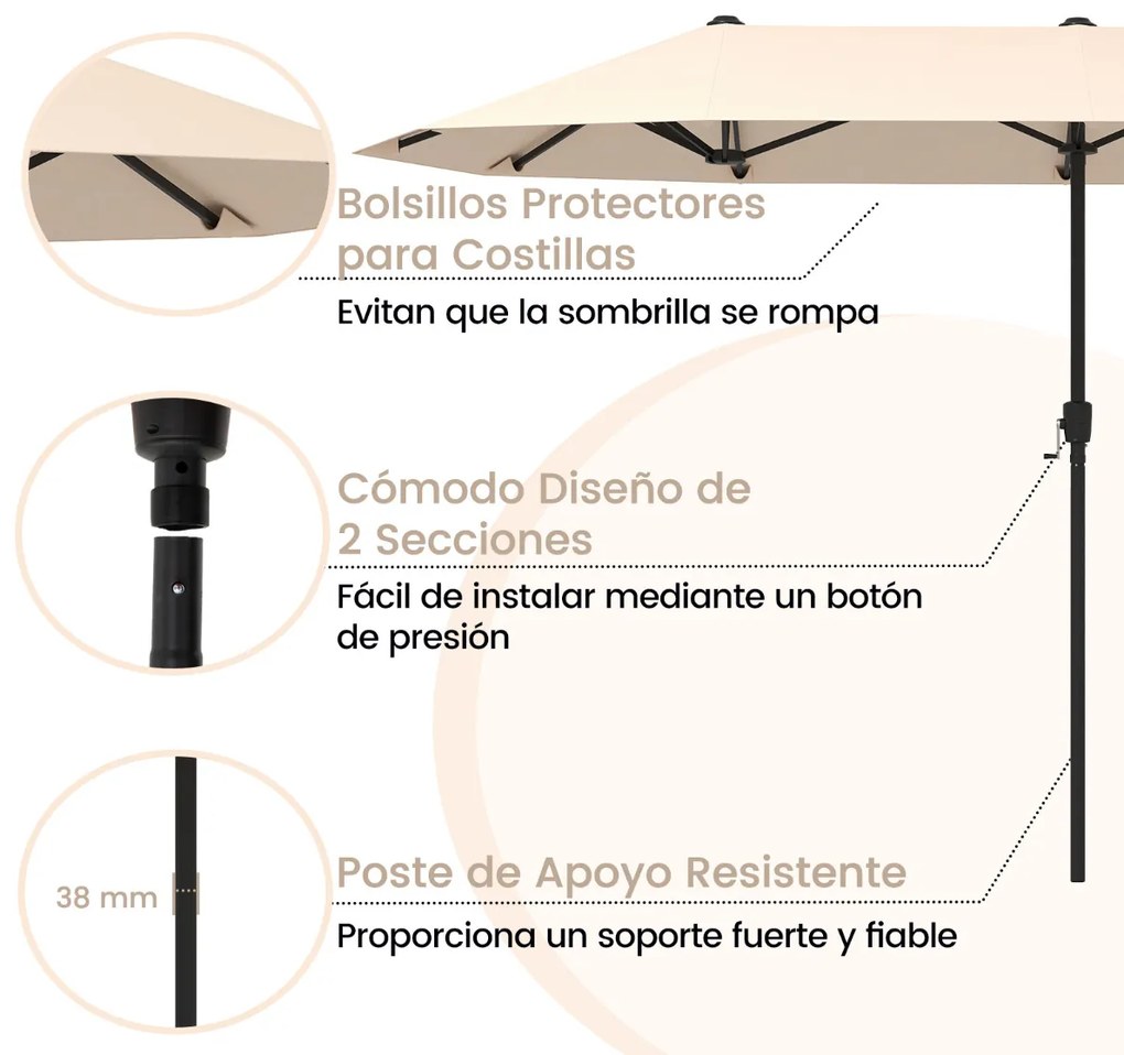 Guarda-sol de 392 cm com dupla face, grande, tamanho duplo, com manivela e 12 varas resistentes para jardim Bege