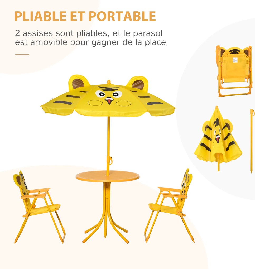 Conjunto de mobiliário de jardim infantil de 4 peças com design de tigre - Mesa redonda + 2 cadeiras dobráveis + guarda-sol amarelo