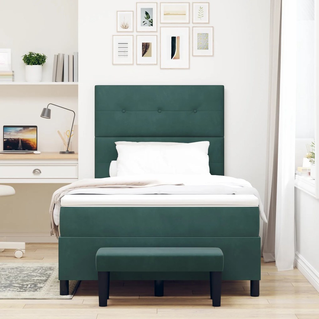 Cama Box Spring com Colchão &amp; Banco Verde Escuro 120x200 cm Veludo