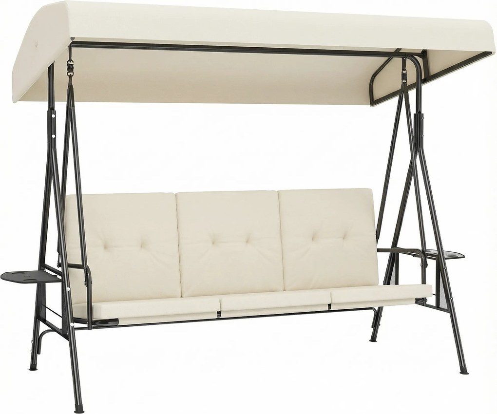 Outsunny Balanço de jardim 3 lugares grande conforto toldo inclinável, 2 prateleiras laterais, almofadas, aço poliéster | Aosom Portugal