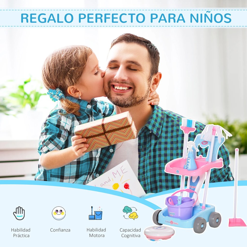 HOMCOM Carrinho de Limpeza para Crianças acima de 3 Anos com Robot Aspirador Elétrico com Luzes e Sons 23 Acessórios Incluídos 42x32x49,5cm Rosa e Azul