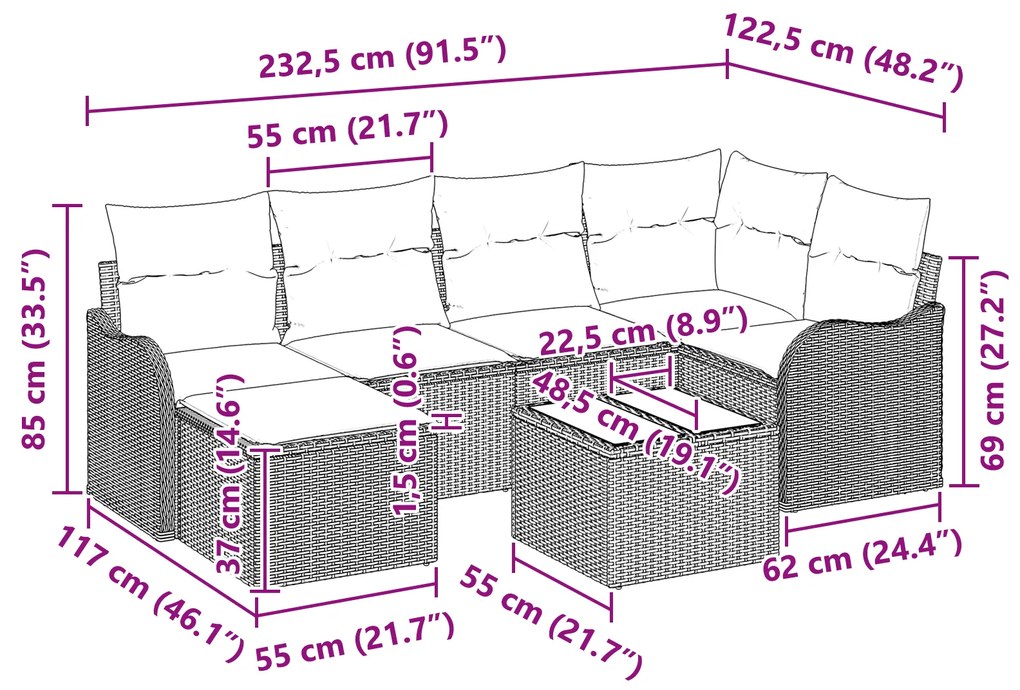 Conjunto de Sofá para Jardim de 7 Peças com Almofadas Vime Poly Beige