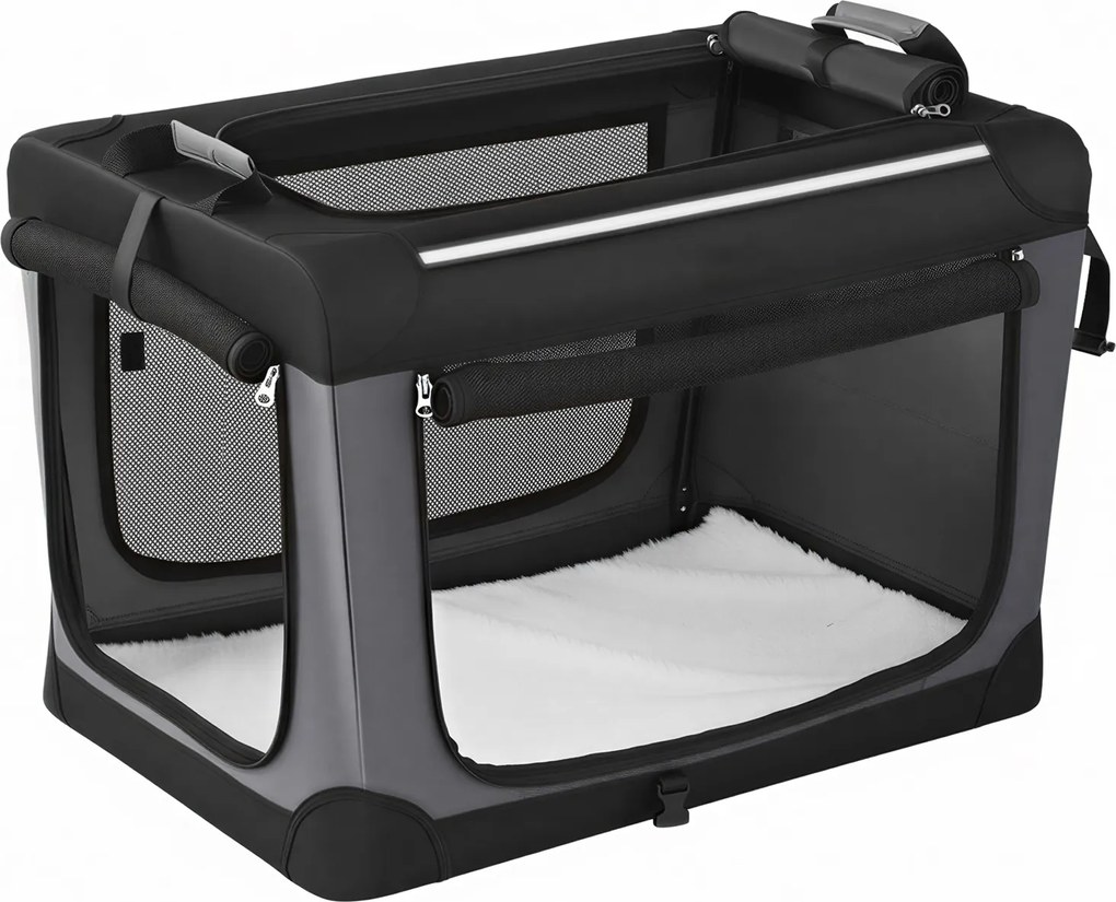 Caixa de transporte para cães pequenos, bolsa dobrável para cães com portas e bolsos em tecido de malha, viagens 60 x 42 x 42 cm preto
