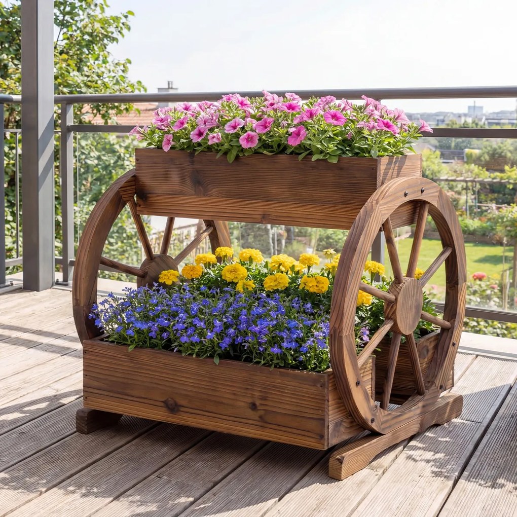 Floreira de plantio rústica em madeira 61,5 x 55 x 62 cm, canteiro elevado de 2 níveis com 3 compartimentos de cultivo e orifícios de drenagem Castanh