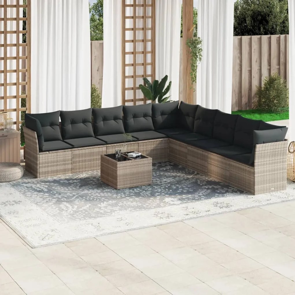 10 pcs conj. sofás jardim com almofadões vime PE cinzento-claro