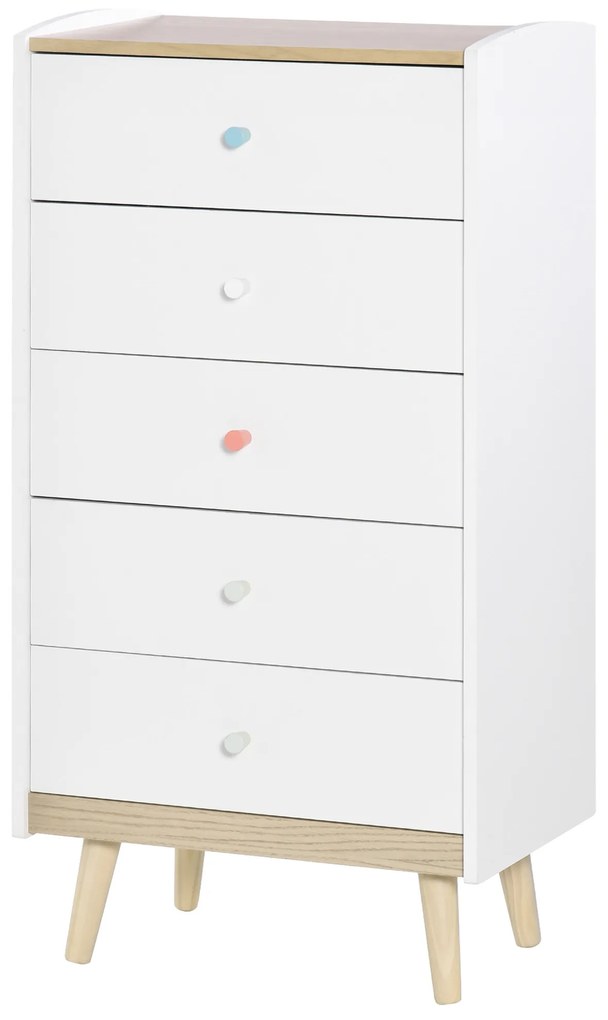 HOMCOM Cómoda Infantil de Madeira com 5 Gavetas para Crianças com Armazenamento para Brinquedos Roupa Livros 55x36x108cm Branco