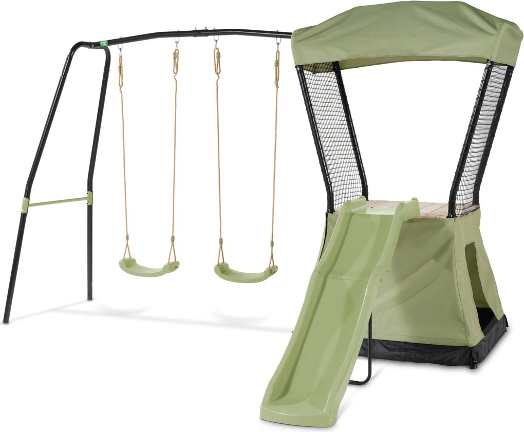 Conjunto de baloiço crianças para exterior Ivy com escorrega e baloiço duplo verde-preto