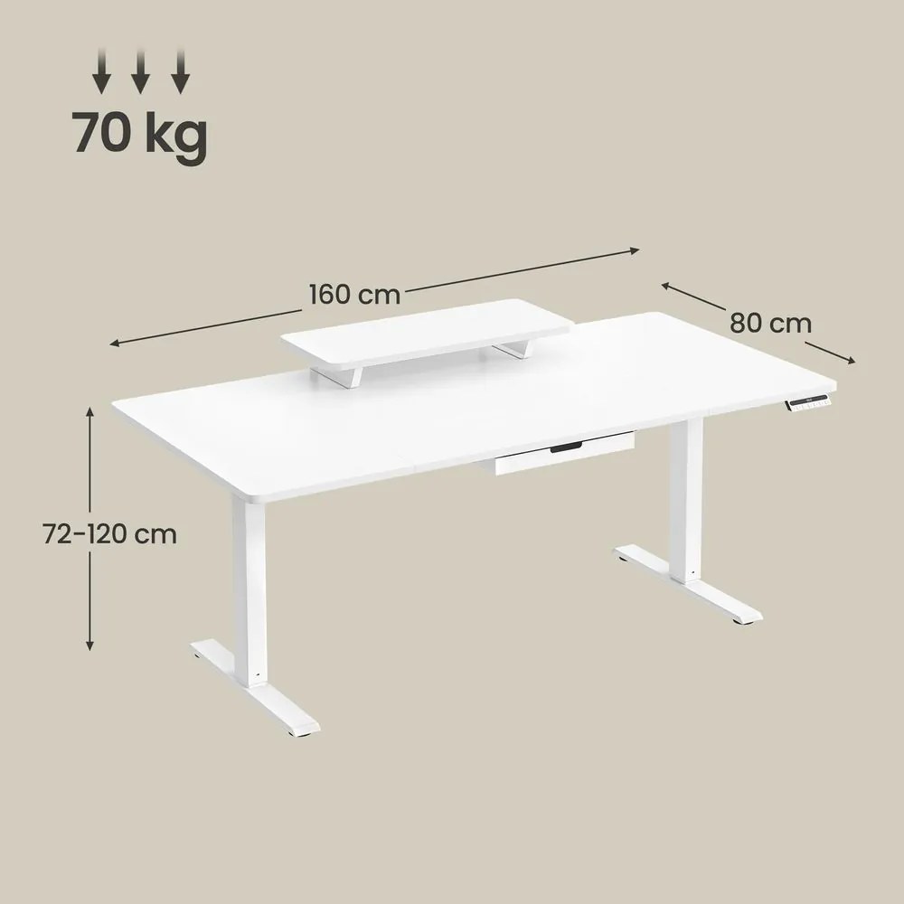 Secretária elétrica com altura ajustável 160 x 80 x (82,5-130,5) cm, suporte para monitor e USB Branca
