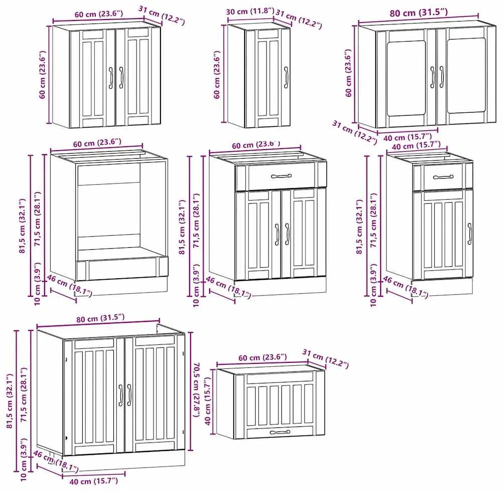 8 peças armário de cozinha conjunto Kalmar branco brilhante