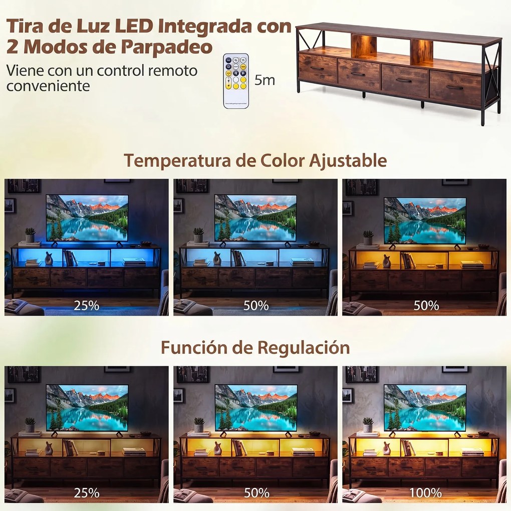 Móvel de TV, 180 x 40 x 63 cm, Iluminação LED com Comando, Castanho