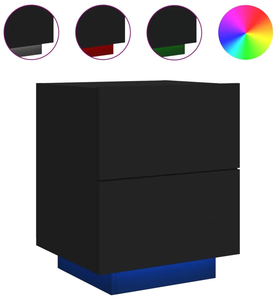 Mesas de cabeceira c/ luzes LED 2 pcs derivados madeira preto