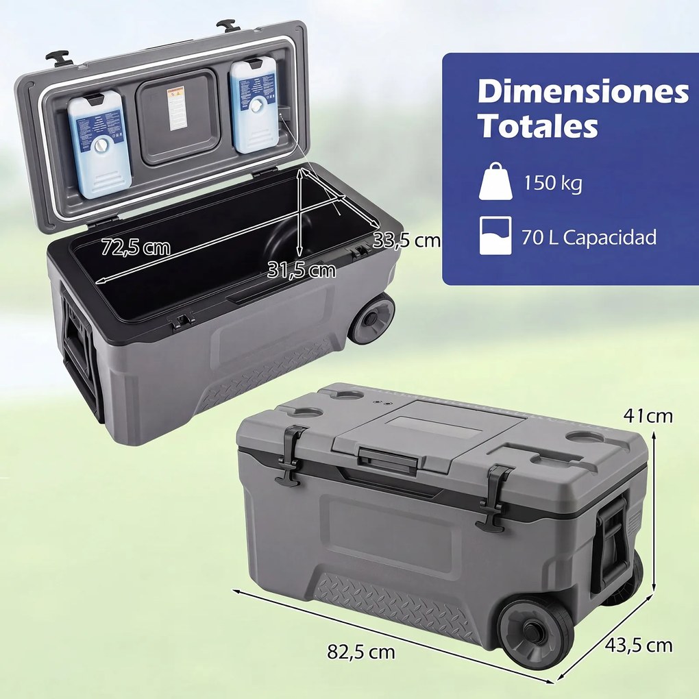 Geleira com Rodas Portátil, 82,5 x 43 x 41,5 cm, Conservação do Frio até 150 Horas, Cinzento