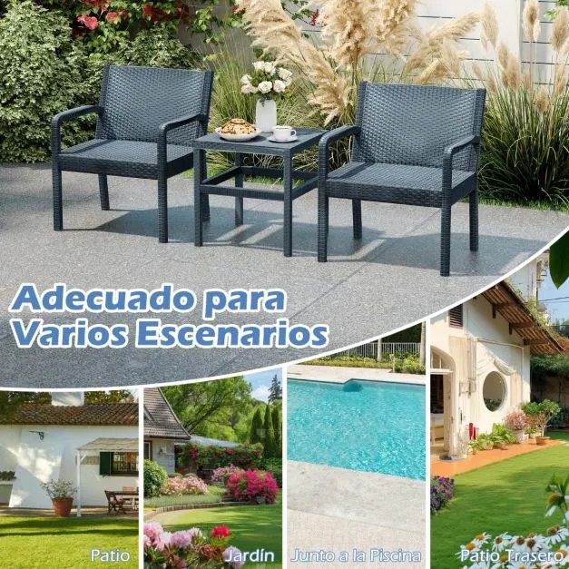 Conjunto de móveis de jardim de 3 peças com 2 cadeiras de rattan e mesa auxiliar de rattan PP Cinzento