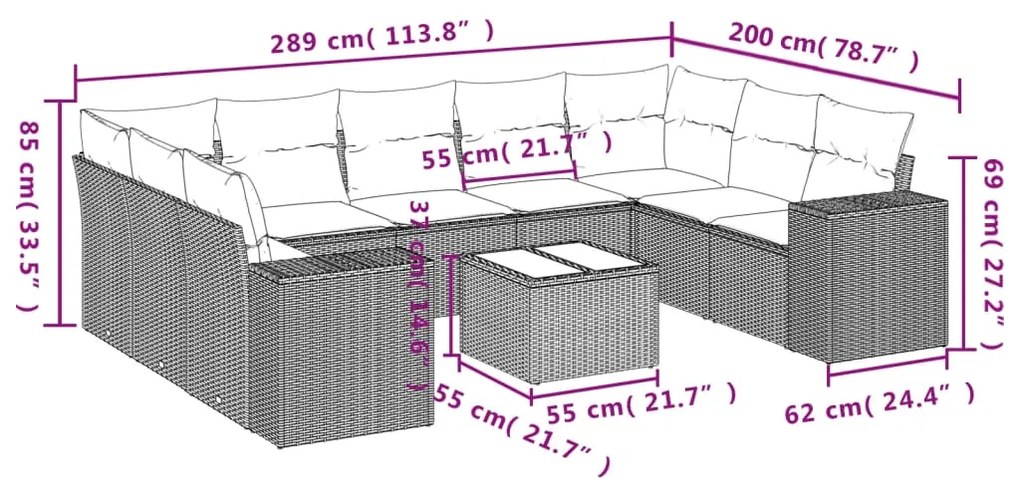 10 pcs conj. sofás jardim com almofadões vime PE cinzento-claro