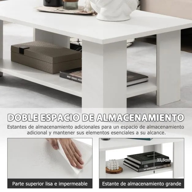 Mesa de centro moderna com estante aberta retangular em madeira para sala de estar 90 x 52 x 32 cm Branco