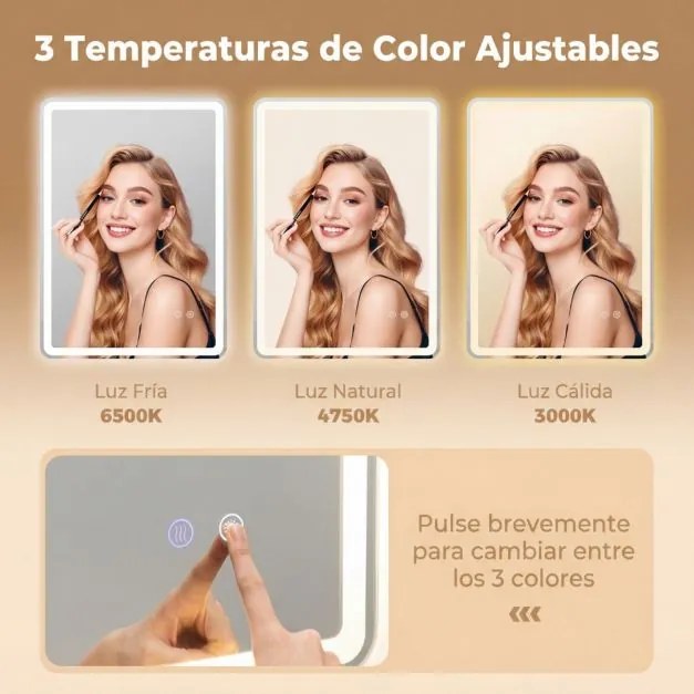 Espelho LED 70x50cm com luzes de 3 cores, antiembaciamento e luz regulável prateada