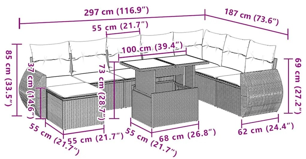 9 pcs conj. sofás jardim com almofadões vime PE cinzento-claro