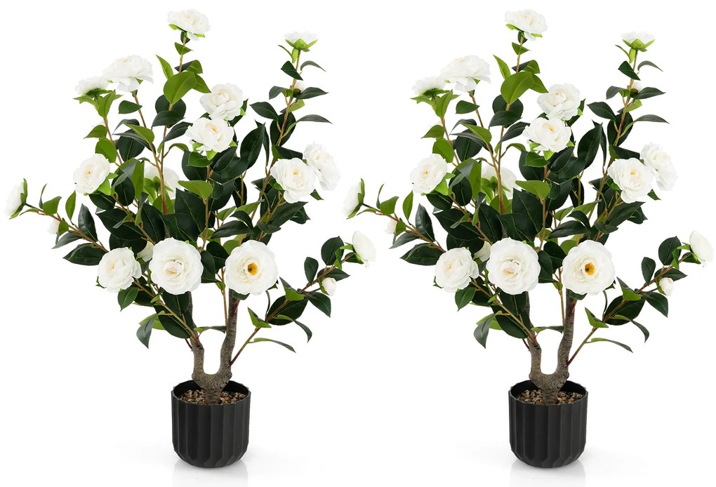 Camélia artificial de 38 polegadas, planta com flores artificiais em vaso de cimento, pacote com 2 - amarelo
