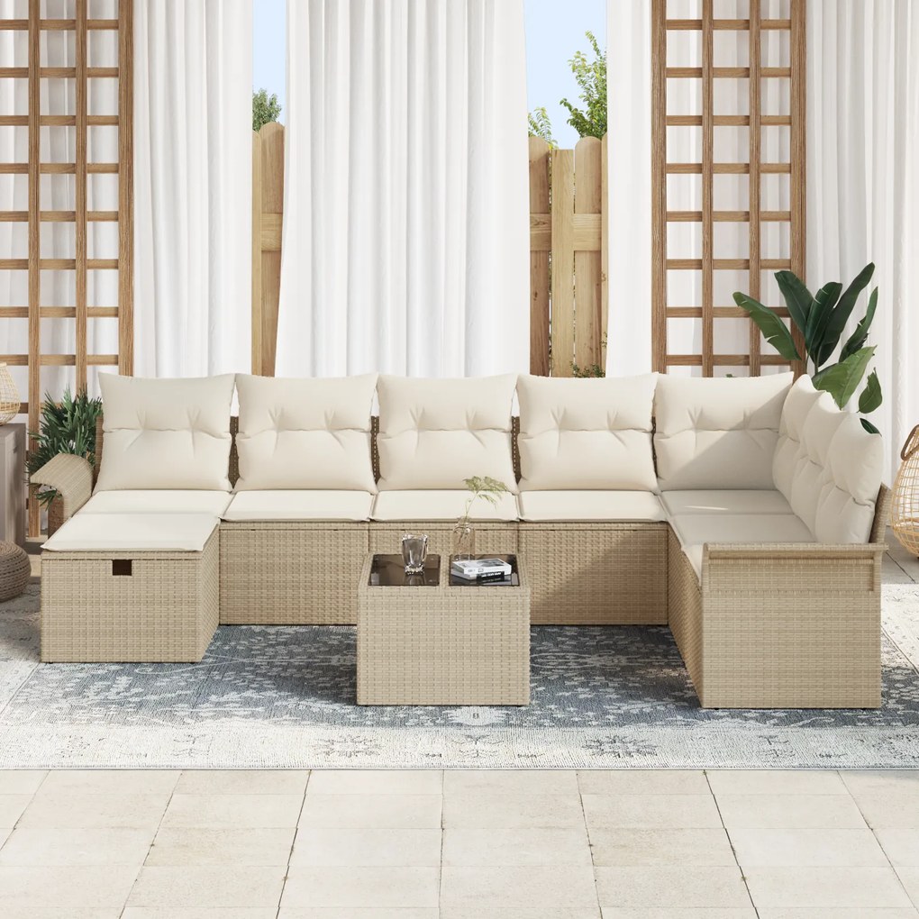 Conjunto de Sofá de Jardim de 9 Peças com Almofadas Bege de Polirattan