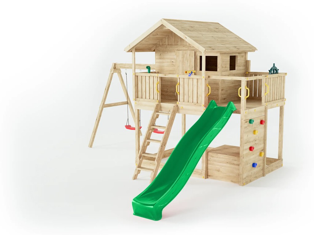 Parque infantil Crianças Exterior Madeira GALAXY SUNSHINE KDI com Escorrega Verde, Baloiço Duplo, casa com telhado, parede escalada, leme, telescópio