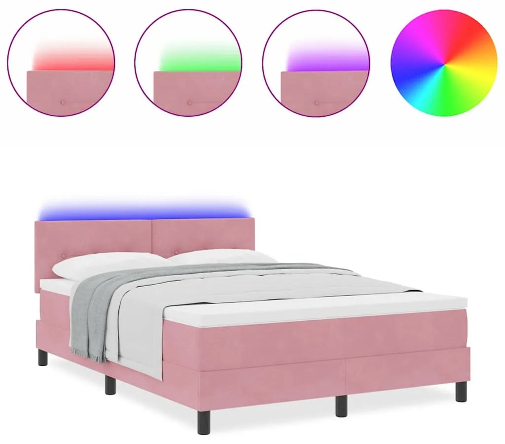 Cama Box com Colchão e LED Rosa 140x200 cm Veludo