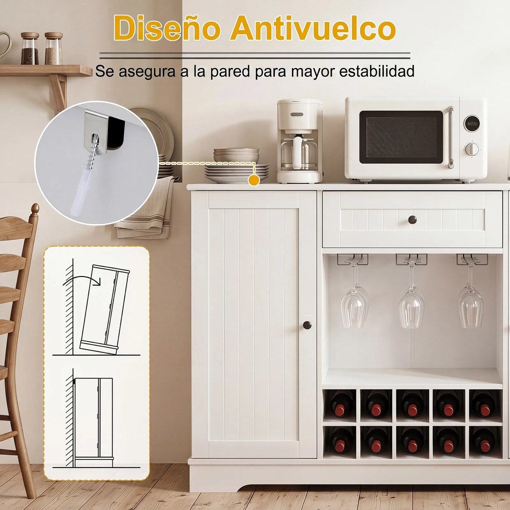 Aparador com Garrafeira, 120 x 83 x 40 cm, 10 Compartimentos para Vinho, Branco