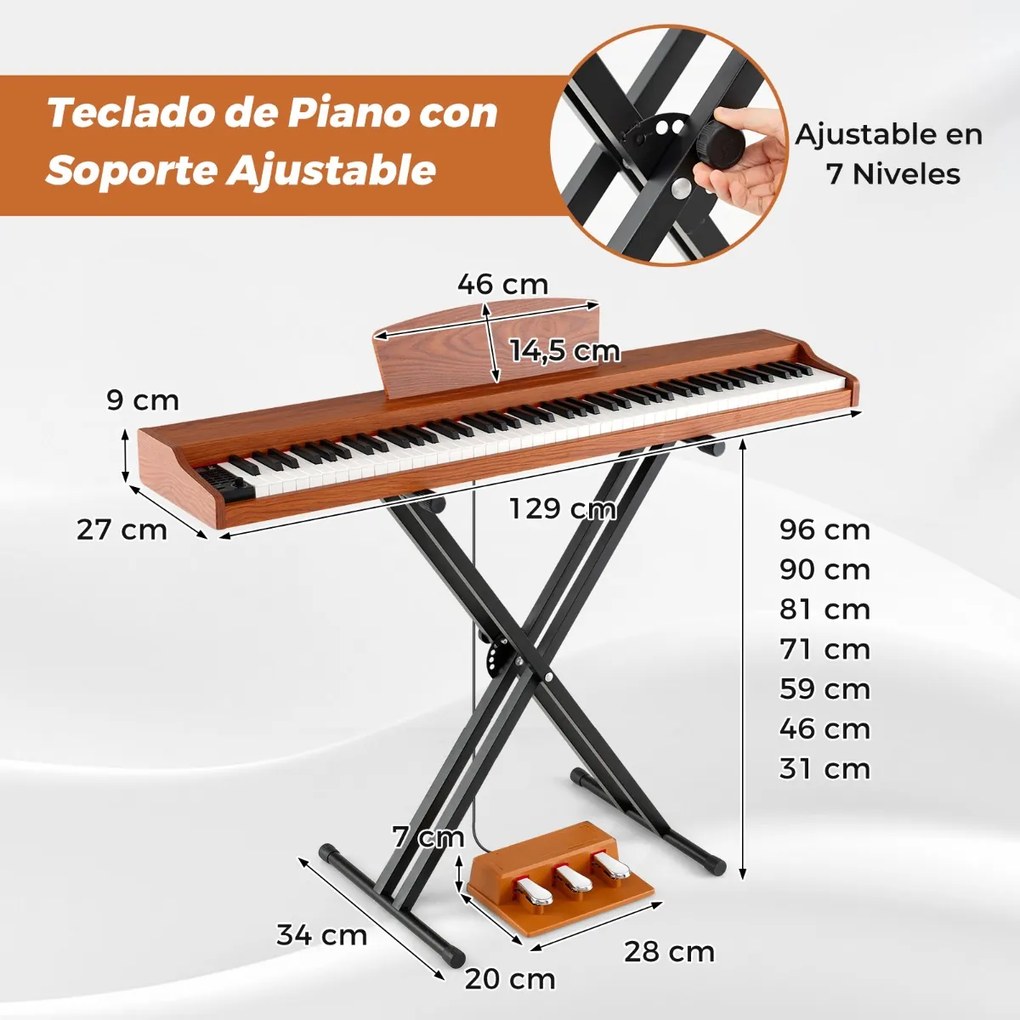 Piano digital de 88 teclas tamanho real com teclas semi-contrapesadas, altifalantes duplos, modo de teclado duplo e 3 pedais, suporte ajustável para p