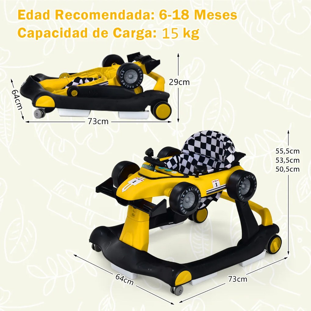 Andador 4 em 1 para crianças, dobrável, atividade de empurrar, com altura ajustável e carrilhão de velocidade com luzes, volante Amarelo