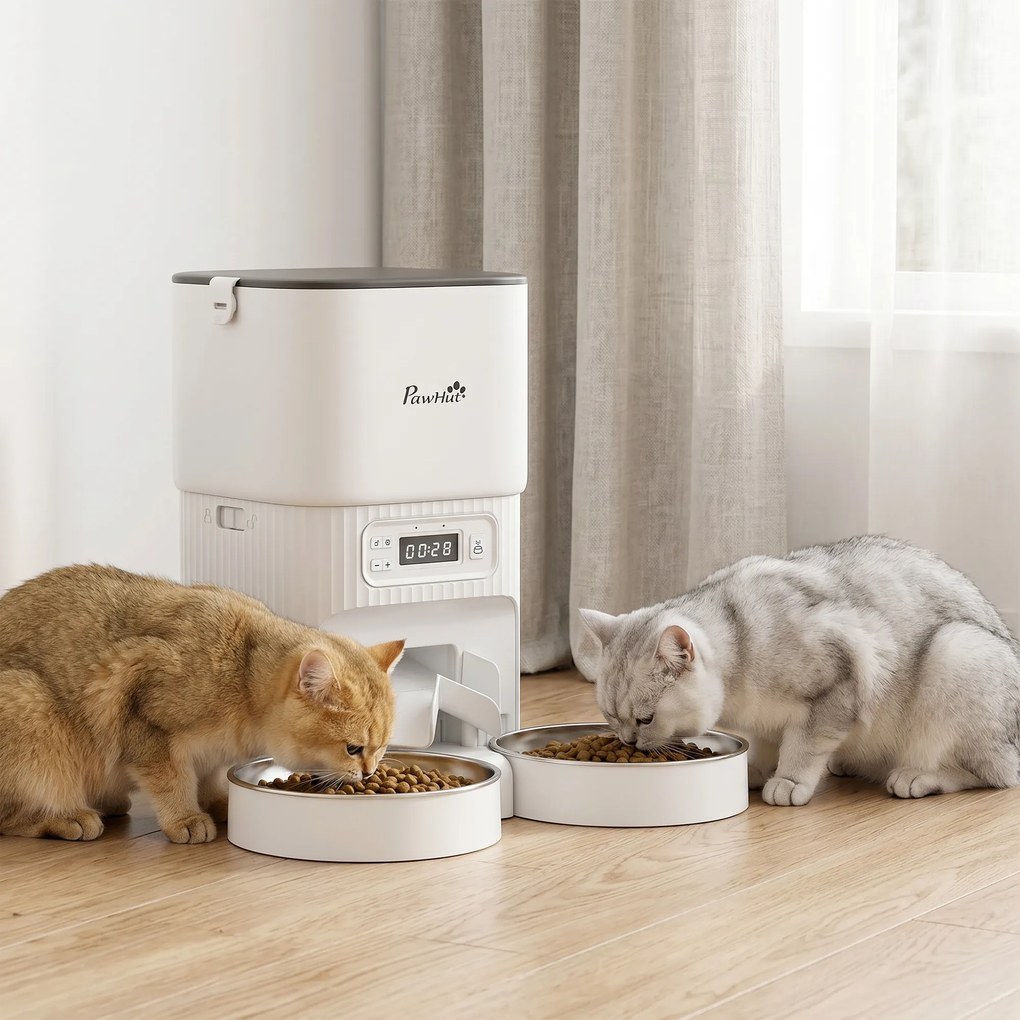 Dispensador automático de ração para gatos com temporizador, porcionamento e 2 tigelas de aço inox