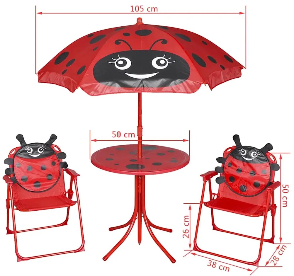 3 pcs conjunto bistrô de jardim infantil c/ guarda-sol vermelho