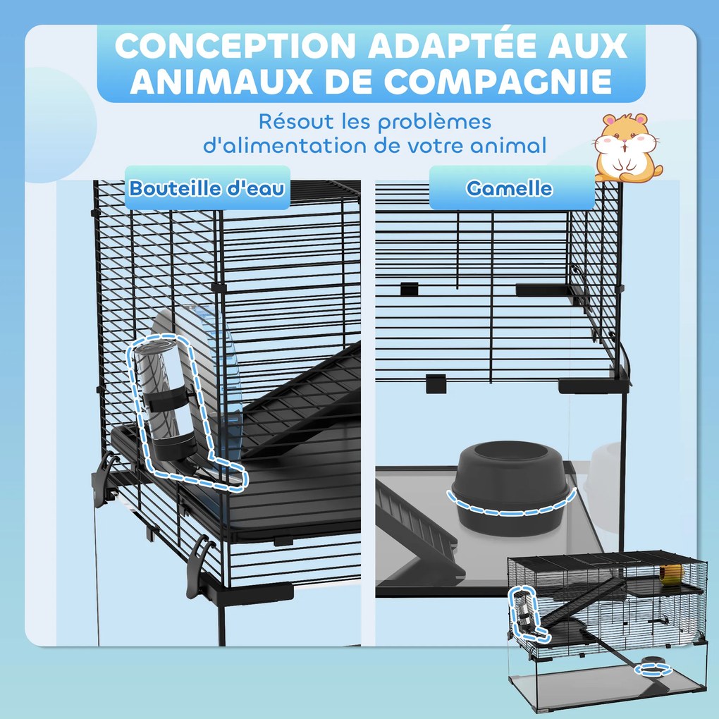Gaiola para hamsters e roedores de 3 andares com roda, rampas, casinha, bebedouro e comedouro – 76,5 x 48,5 x 54,5 cm – preta