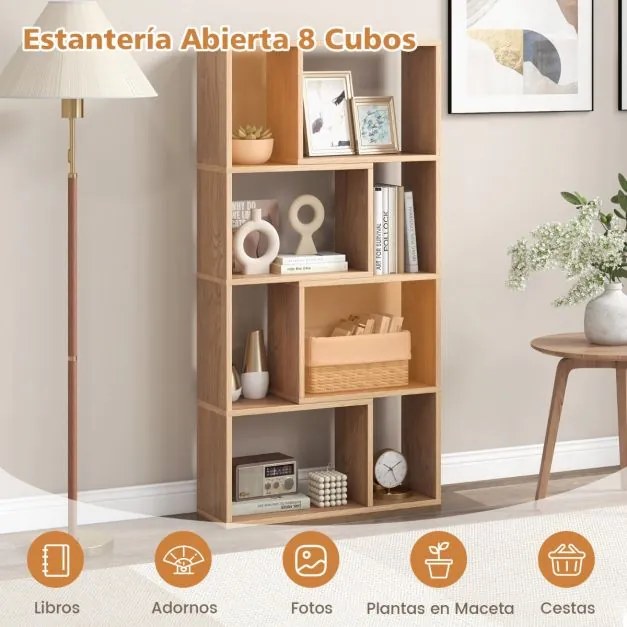Estante geométrica de 4 níveis com 120 cm de altura com 8 cubos aberta para sala de estar e escritório Natural