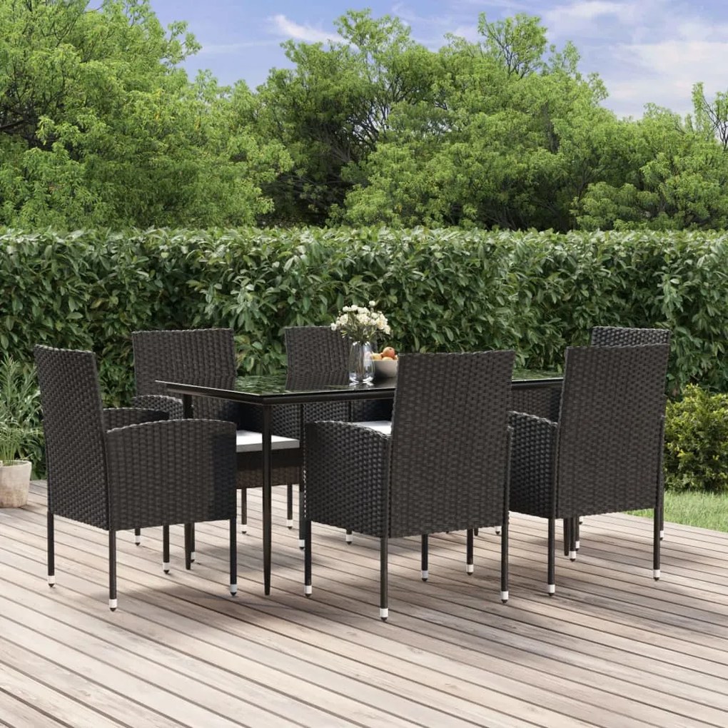 vidaXL 7 pcs conjunto de jantar p/ jardim c/ almofadões vime PE preto