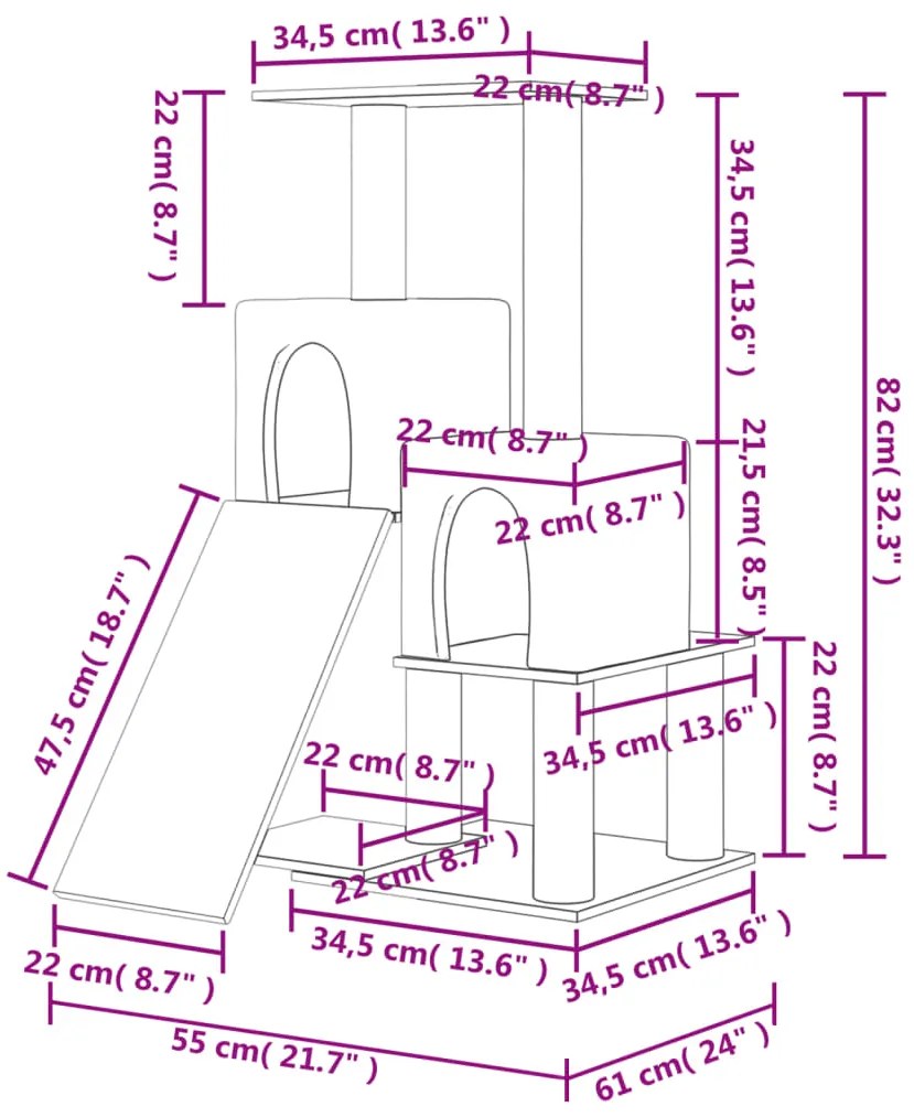 Árvore para gatos c/ postes arranhadores sisal 82 cm cor creme